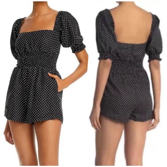 WeWoreWhat | Women | 100% Linen Black Polka Dot Smocked Short Romper | Large - Picture 14 of 16